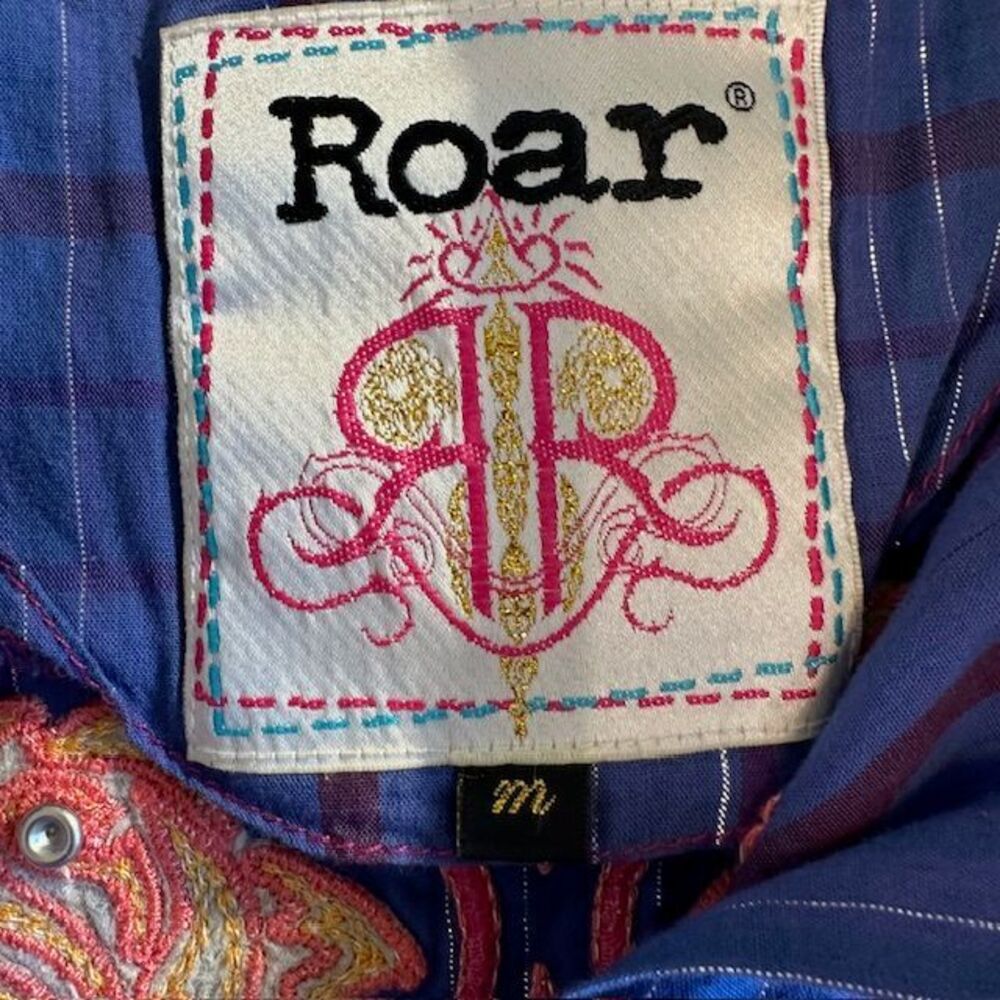 Roar Embroidered Western Plaid Shirt Orange Rhinestone Embellished Button Up Med - Picture 15 of 15